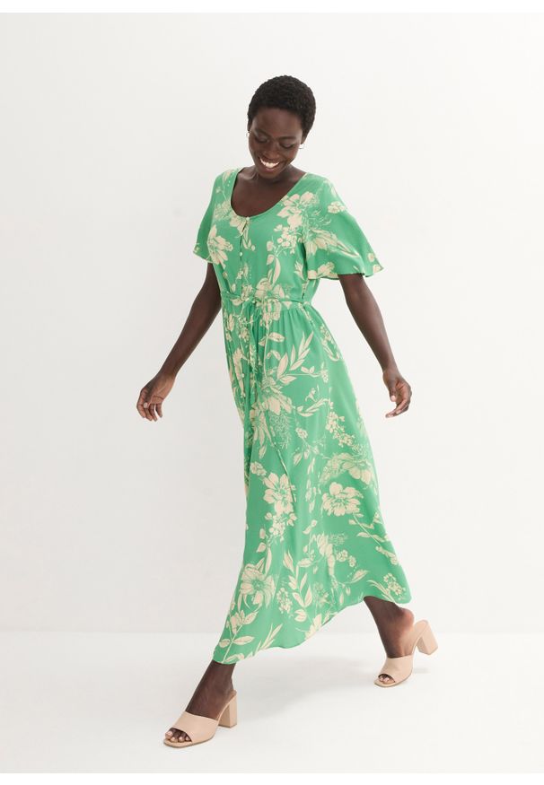 bonprix - Długa sukienka z wiskozy. Kolor: zielony. Materiał: wiskoza. Wzór: kwiaty. Styl: elegancki. Długość: maxi