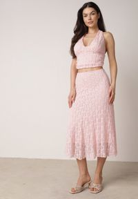 Born2be - Różowy Koronkowy Komplet Top Wiązany na Szyi i Spódnica Corinatea. Kolor: różowy. Materiał: koronka #6