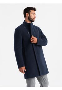 Ombre Clothing - Płaszcz męski z asymetrycznym zapięciem i wysokim kołnierzem – granatowy V3 - Rozmiar: XL. Okazja: na co dzień. Typ kołnierza: kołnierzyk stójkowy. Kolor: niebieski. Materiał: wiskoza, poliester, materiał, syntetyk, włókno. Długość: długie. Wzór: aplikacja, jednolity. Styl: wizytowy, casual, elegancki