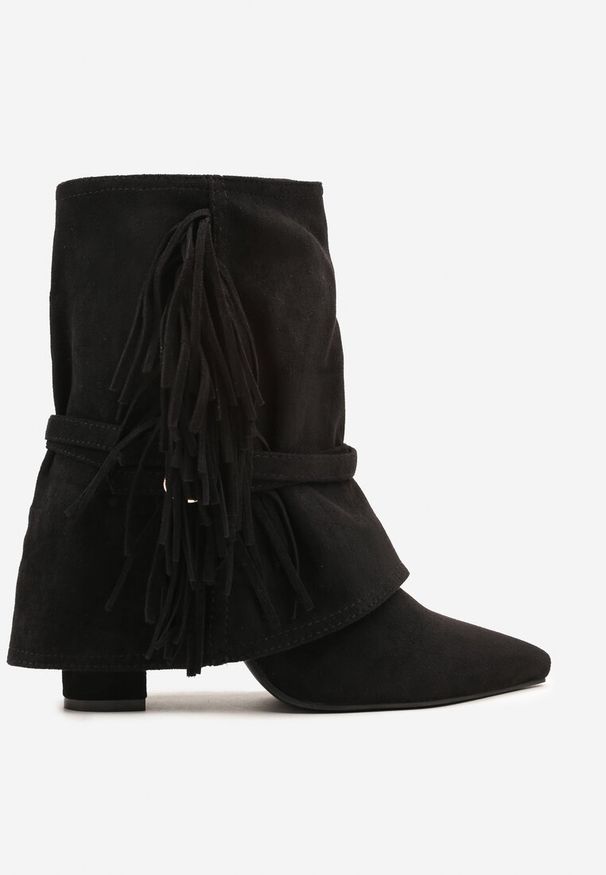 Renee - Czarne Botki Boho z Cholewką Imitującą Nogawkę i Frędzlami Zaslie. Okazja: na co dzień, na imprezę. Kolor: czarny. Materiał: skóra, jeans. Szerokość cholewki: normalna. Obcas: na obcasie. Styl: boho. Wysokość obcasa: średni