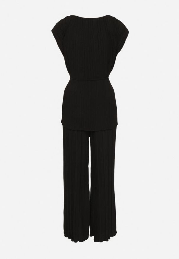 Born2be - Czarny Komplet Bluzka z Wiązanym Paskiem i Szerokie Spodnie Dolarea. Kolor: czarny. Wzór: aplikacja