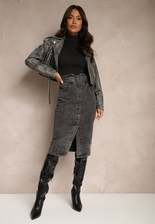 Renee - Czarna Jeansowa Spódnica Ołówkowa Midi z Guzikami i Rozcięciem Jackiesa. Kolor: czarny. Materiał: jeans
