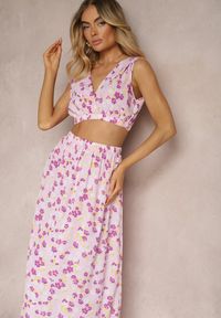 Renee - Różowy Komplet Dwuczęściowy Top bez Rękawów Spódnica z Gumką w Talii w Kwiaty Dimanisa. Kolor: różowy. Materiał: tkanina. Wzór: kwiaty #4
