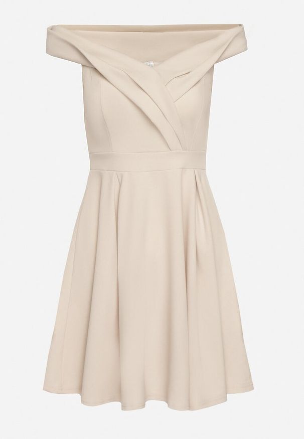 Born2be - Beżowa Sukienka z Hiszpańskim Dekoltem o Rozkloszowanym Fasonie Vilenia. Okazja: na co dzień. Kolor: beżowy. Typ sukienki: rozkloszowane. Styl: casual, elegancki