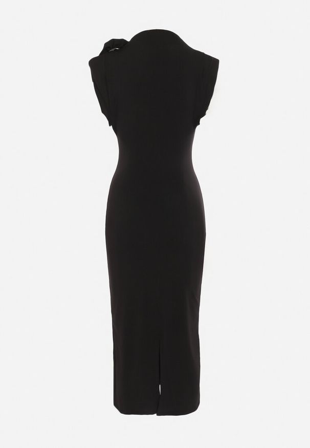 Born2be - Czarna Sukienka Midi Dopasowana z Ozdobną Broszką w Kształcie Kwiatka Agnolia. Kolor: czarny. Wzór: kwiaty. Styl: klasyczny. Długość: midi