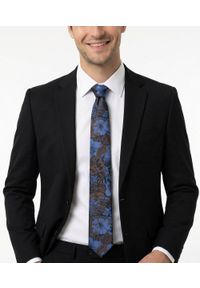 Krawat Męski - Granat i Brąz, Duże Kwiaty - Alties. Kolor: wielokolorowy, brązowy, beżowy, niebieski. Materiał: tkanina. Wzór: kwiaty. Styl: wizytowy, elegancki #5