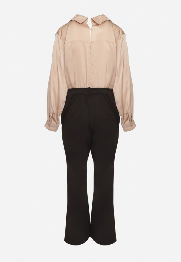 Born2be - Czarno-Beżowy Elegancki Kombinezon z Kopertową Górą i Szerokim Dołem Boleeti. Okazja: na co dzień. Kolor: czarny. Styl: elegancki