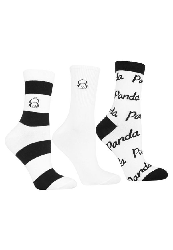 Modne Skarpetki Damskie Panda Moraj Mix 3 Pary. Kolor: biały. Materiał: materiał. Wzór: aplikacja, napisy, paski
