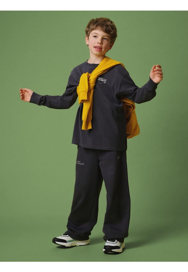 4f - 4F Longsleeve loose z nadrukiem chłopięcy - szary 158/164 (12-14 lat). Okazja: na co dzień, na uczelnię. Kolor: szary. Materiał: dzianina, bawełna, skóra. Długość rękawa: długi rękaw. Wzór: nadruk. Sezon: lato. Styl: casual