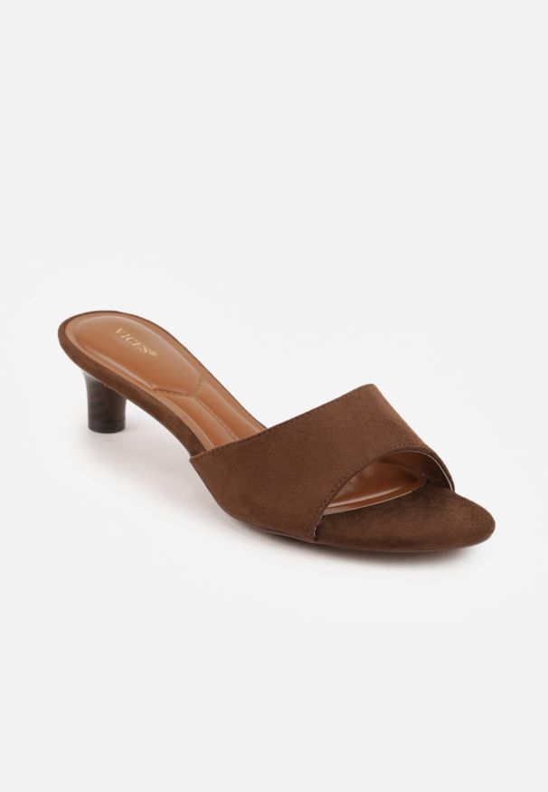 Renee - Ciemnobrązowe Klapki VICES na Obcasie Typu Kaczuszka z Imitacji Drewna Sacredgem. Okazja: do pracy. Kolor: brązowy. Materiał: jeans. Obcas: na obcasie. Wysokość obcasa: średni