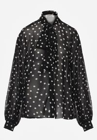 Renee - Czarna Półprzezroczysta Koszula w Kropki z Wiskozy i Bawełny z Wiązaniem Delmara. Kolor: czarny. Materiał: wiskoza, bawełna. Wzór: kropki. Styl: retro #6