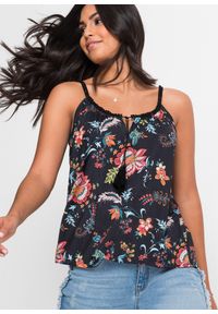 bonprix - Top shirtowy w kwiaty. Kolor: czarny. Materiał: koronka. Długość rękawa: na ramiączkach. Wzór: kwiaty