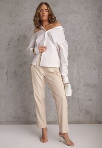 Renee - Beżowe Spodnie Cygaretki High Waist z Paskiem z Klamrą w Kształcie Półksięzyca Vikinai. Stan: podwyższony. Kolor: beżowy. Materiał: jedwab. Wzór: aplikacja. Styl: elegancki #4