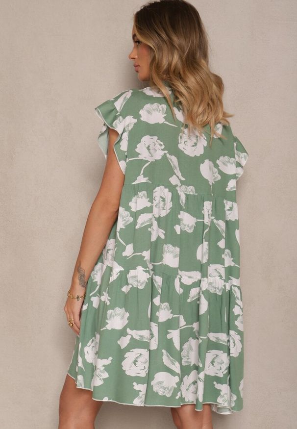 Renee - Zielona Sukienka z Bawełny Ozdobiona Kwiatami Liranea. Okazja: na co dzień. Kolor: zielony. Materiał: bawełna. Wzór: aplikacja, kwiaty. Styl: klasyczny, casual, elegancki