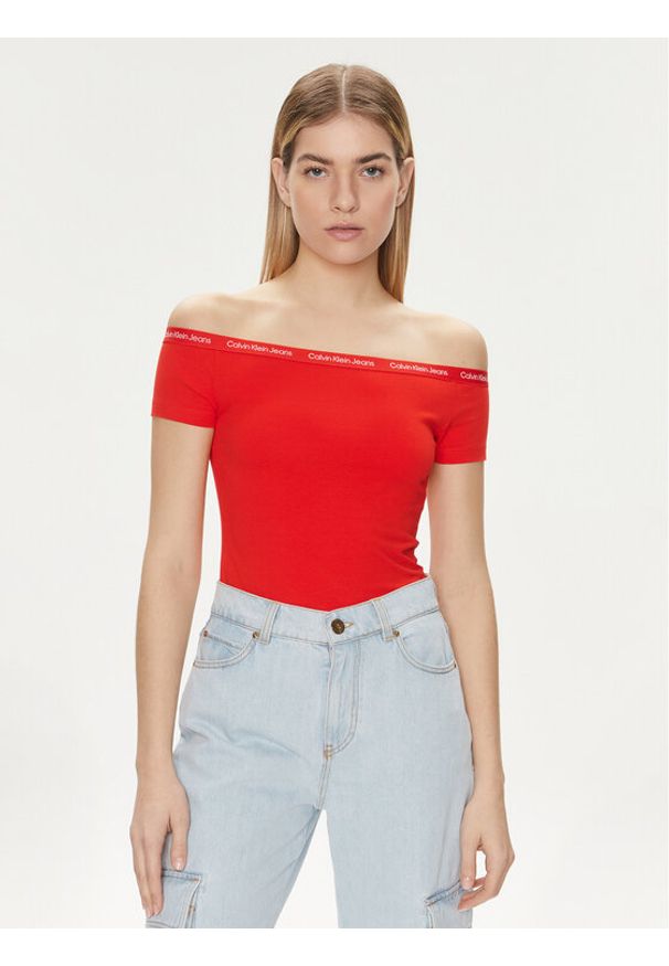 Calvin Klein Jeans Bluzka Logo J20J223098 Czerwony Slim Fit. Kolor: czerwony. Materiał: bawełna