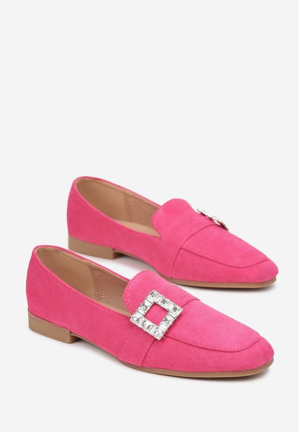 Renee - Fuksjowe Mokasyny z Kwadratowym Noskiem i Klamerką w Cyrkonie Maritatia. Kolor: różowy