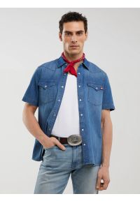 Big-Star - Koszula męska jeansowa z krótkim rękawem niebieska Short Sleeve Western 377. Kolor: niebieski. Materiał: jeans. Długość rękawa: krótki rękaw. Długość: krótkie. Sezon: lato. Styl: wizytowy #8