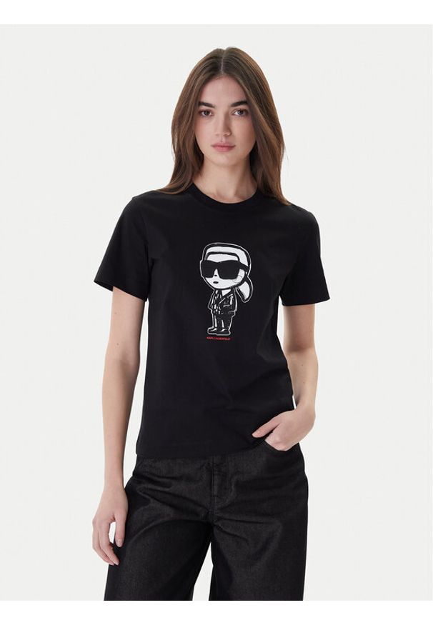 Karl Lagerfeld - KARL LAGERFELD T-Shirt A1W17126 Czarny Regular Fit. Typ kołnierza: dekolt w karo. Kolor: czarny. Materiał: bawełna