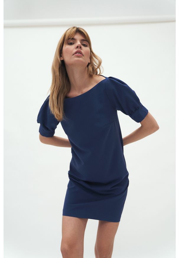 Nife - Krótka Sukienka z Bufkami - Kobaltowa. Kolor: niebieski. Materiał: poliester, elastan, wiskoza. Długość: mini