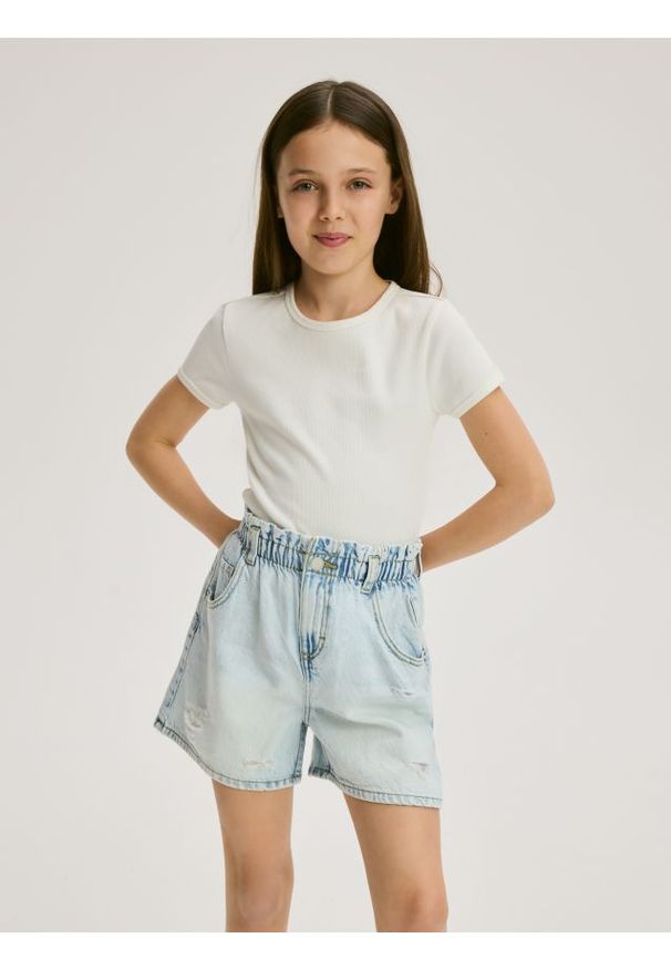 Reserved - Jeansowe szorty paperbag - niebieski. Kolor: niebieski. Materiał: jeans