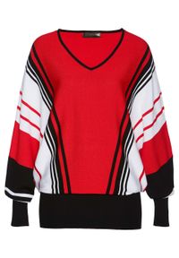 Sweter bonprix truskawkowo-czarno-biały w paski. Typ kołnierza: dekolt w serek. Kolor: czerwony. Wzór: paski. Styl: elegancki #1