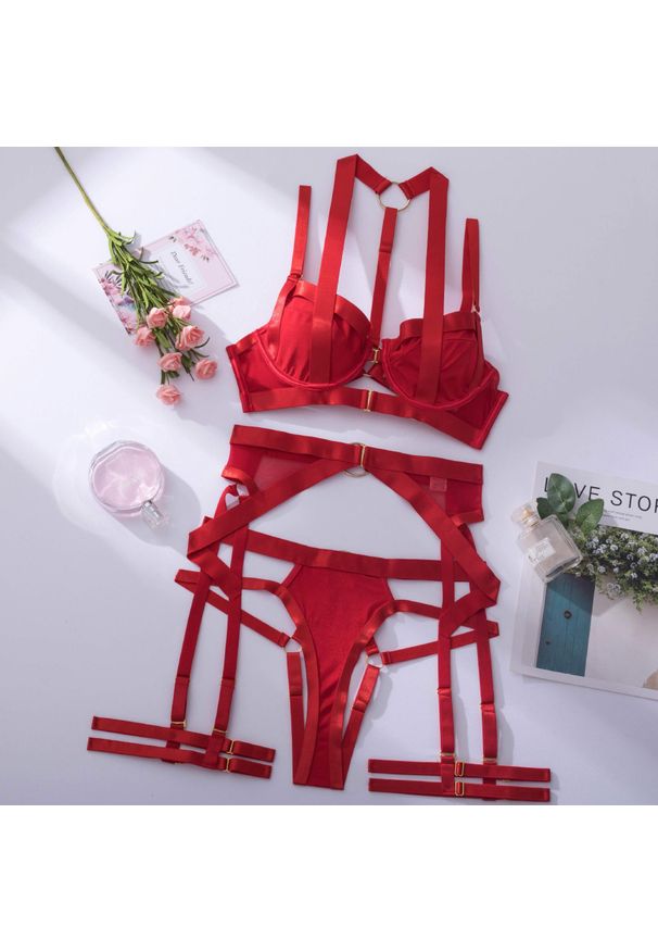 Intica - Komplet bielizny z pasem do pończoch regulowane zapięcia Dalija. Kolor: czerwony. Materiał: materiał. Wzór: paski