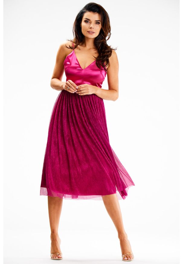 Awama - Fuksja Sukienka na Ramiączkach z Kombinacji Tkanin. Kolor: różowy. Materiał: tkanina. Długość rękawa: na ramiączkach