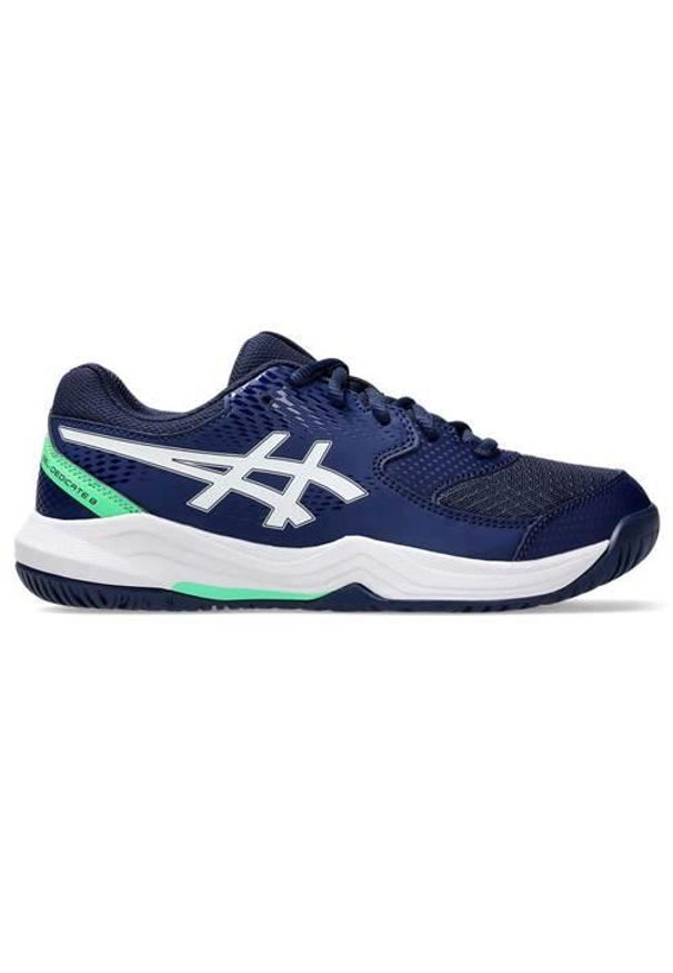 Buty do tenisa dla dzieci Asics Gel-dedicate 8. Zapięcie: sznurówki. Kolor: wielokolorowy, biały, niebieski. Materiał: materiał, syntetyk, tkanina. Szerokość cholewki: normalna. Sport: tenis