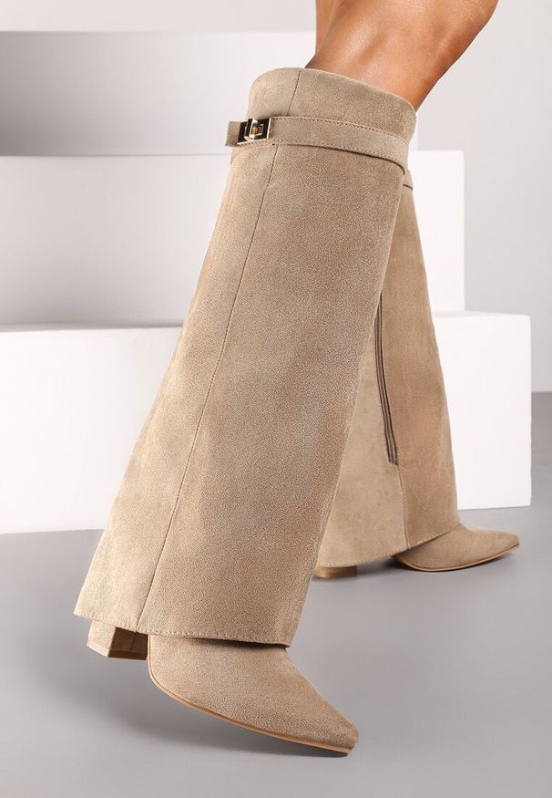 Born2be - Ciemnobeżowe Kozaki na Słupku z Wywiniętą Cholewką Gafsena. Okazja: na co dzień. Kolor: beżowy. Materiał: jeans. Szerokość cholewki: normalna. Sezon: jesień, wiosna, zima. Obcas: na słupku. Styl: elegancki, casual. Wysokość obcasa: średni