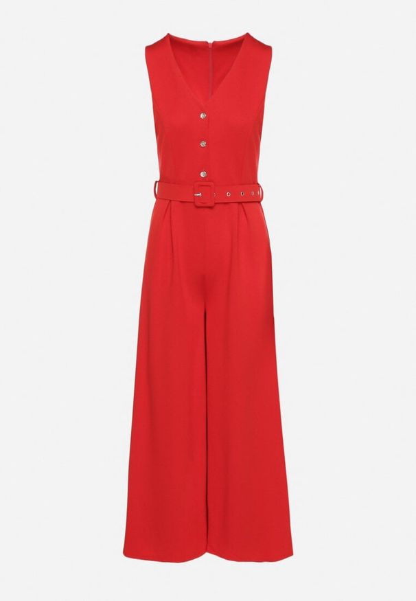 Born2be - Czerwony Taliowany Kombinezon z Wiskozą Ozdobiony Paskiem Ralinelle. Okazja: na imprezę. Kolor: czerwony. Materiał: wiskoza. Wzór: aplikacja. Styl: elegancki, klasyczny