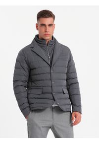 Ombre Clothing - Pikowana kurtka męska o kroju marynarki – grafitowa V2 - Rozmiar: M. Kolor: szary. Materiał: guma, syntetyk, poliester, materiał. Wzór: aplikacja. Styl: klasyczny, elegancki #3