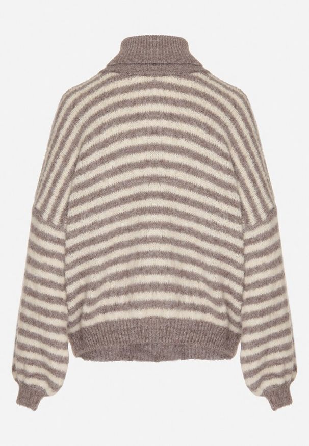 Born2be - Szaro-Beżowy Golf z Domieszką Wełny w Paski Monallia. Okazja: na co dzień. Typ kołnierza: golf. Kolor: szary. Materiał: wełna. Wzór: paski. Styl: klasyczny, casual, elegancki