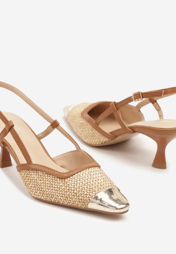 Renee - Brązowe Sandały na Kaczuszce Slingback z Plecionką i Metalicznym Noskiem Ldivaria. Okazja: na imprezę, na co dzień. Kolor: brązowy. Wzór: aplikacja. Obcas: na szpilce. Styl: casual, elegancki. Wysokość obcasa: średni