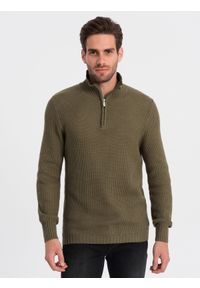 Ombre Clothing - Dzianinowy sweter męski z rozpinaną stójką - oliwkowy V6 OM-SWZS-0105 - XXL. Typ kołnierza: kołnierzyk stójkowy. Kolor: oliwkowy. Materiał: dzianina