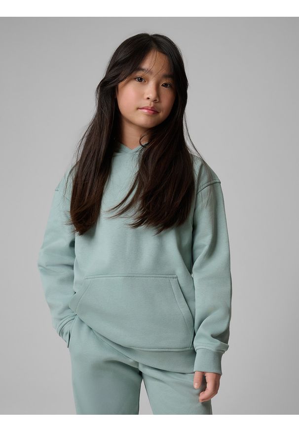 4f - 4F Bluza dresowa loose z kapturem dziewczęca - miętowa 146/152 (10-12 lat). Okazja: na co dzień, na uczelnię. Typ kołnierza: kaptur. Kolor: turkusowy. Materiał: dresówka. Sezon: lato. Styl: casual