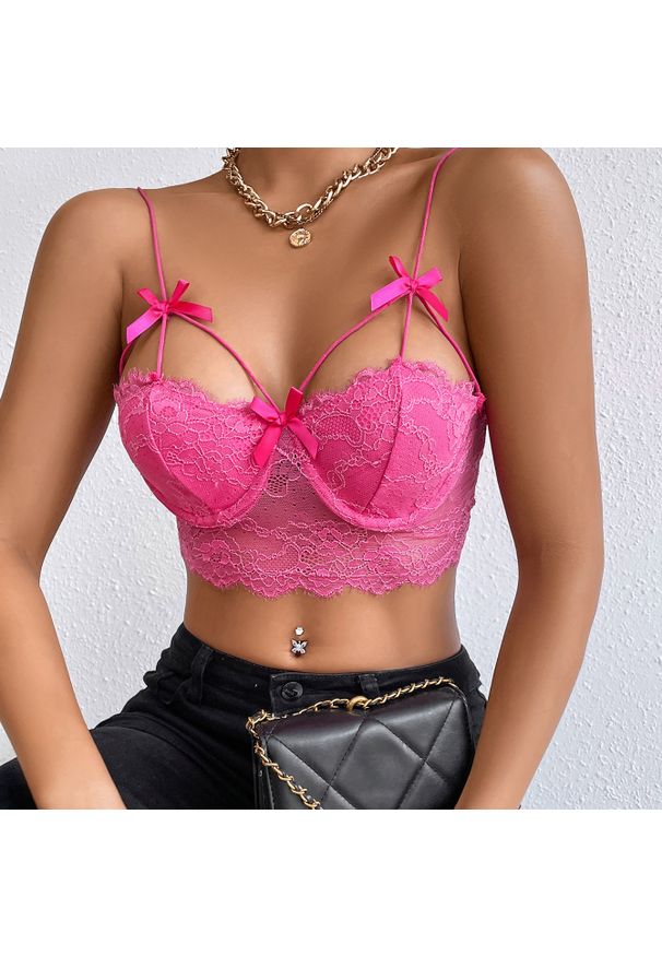 Intica - Biustonosz koronkowy bez fiszbin z kokardkami Hayriye. Kolor: różowy. Materiał: koronka. Wzór: koronka