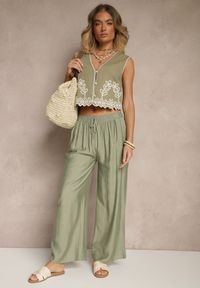 Renee - Jasnozielone Spodnie z Wiskozy High Waist o Szerokim Kroju Divlise. Okazja: na co dzień. Stan: podwyższony. Kolor: zielony. Materiał: wiskoza. Styl: elegancki, casual #5