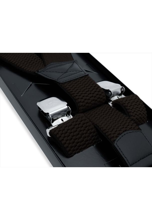 Modini - Szerokie ciemnobrązowe szelki męskie do spodni XL139. Kolor: brązowy. Materiał: skóra, guma