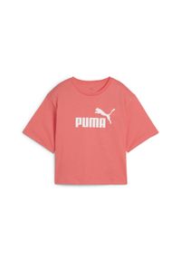 Puma - Damska luźna koszulka z logo NO.1 ESS Cropped PUMA Peach Frost Red. Kolor: czerwony. Materiał: jeans. Wzór: nadruk