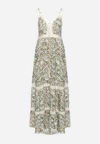 Born2be - Zielono-Beżowa Rozkloszowana Sukienka z Bawełny na Cienkich Ramiączkach z Gumką w Pasie i Haftem Xuretta. Okazja: na spacer, na imprezę. Typ kołnierza: dekolt w kształcie V. Kolor: zielony. Materiał: bawełna. Długość rękawa: na ramiączkach. Wzór: haft. Sezon: lato. Styl: boho #6