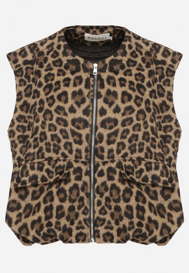 Born2be - Brązowa Panterkowa Kamizelka z Lnem o Kroju Oversize Enalorin. Okazja: na co dzień. Kolor: brązowy. Materiał: len. Styl: casual