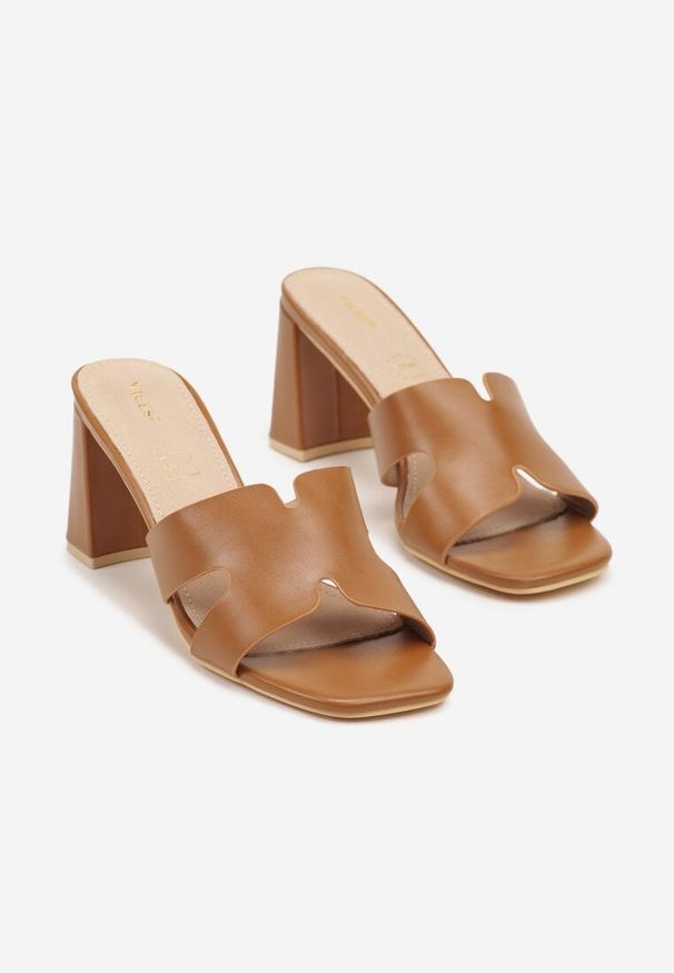 Born2be - Brązowe Klapki Vices na Słupku ze Skórzaną Wkładką i Geometryczną Cholewką Folwenna. Okazja: na co dzień. Kolor: brązowy. Materiał: skóra. Wzór: geometria. Obcas: na słupku. Styl: klasyczny, casual