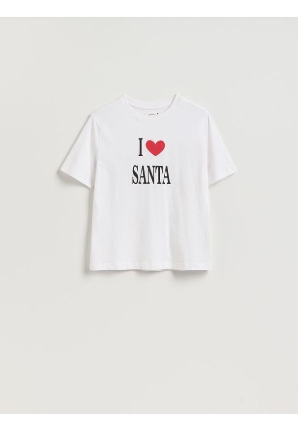 Reserved - T-shirt ze świątecznym motywem - biały. Kolor: biały. Materiał: dzianina, bawełna. Styl: wizytowy