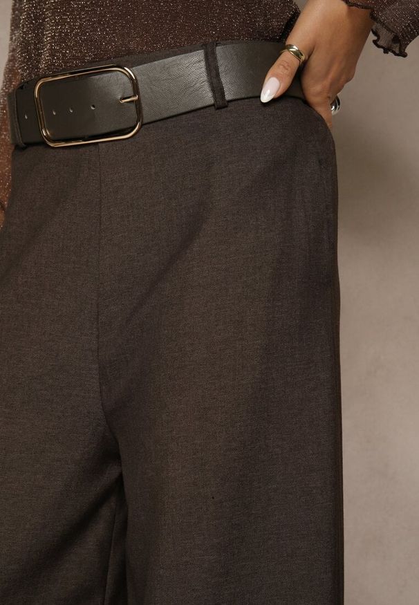 Renee - Brązowe Szerokie Garniturowe Spodnie z Bawełny High Waist Ozdobione Paskiem Tusneva. Okazja: na co dzień. Stan: podwyższony. Kolor: brązowy. Materiał: bawełna. Wzór: aplikacja. Styl: wizytowy, casual, elegancki