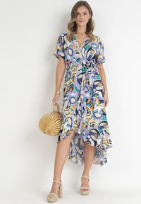 Born2be - Niebieska Kopertowa Sukienka z Gumką w Pasie i Materiałowym Paskiem z Wiskozy Dionienne. Typ kołnierza: dekolt kopertowy. Kolor: niebieski. Materiał: wiskoza, materiał. Długość rękawa: krótki rękaw. Sezon: wiosna, lato. Typ sukienki: kopertowe #2