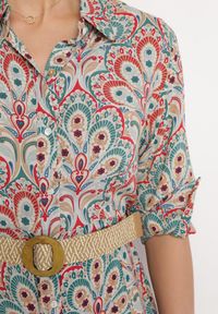 Born2be - Czerwono-Niebieska Sukienka z Guzikami i Plecionym Paskiem z Klamrą Aralty. Kolor: zielony. Długość rękawa: długi rękaw. Sezon: wiosna, lato. Typ sukienki: koszulowe #3