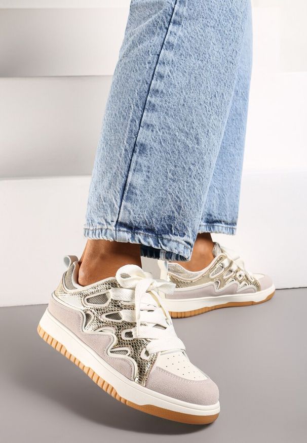 Born2be - Złote Sneakersy przed Kostkę Podwójnie Sznurowane Luretta. Okazja: na co dzień. Wysokość cholewki: przed kostkę. Kolor: beżowy