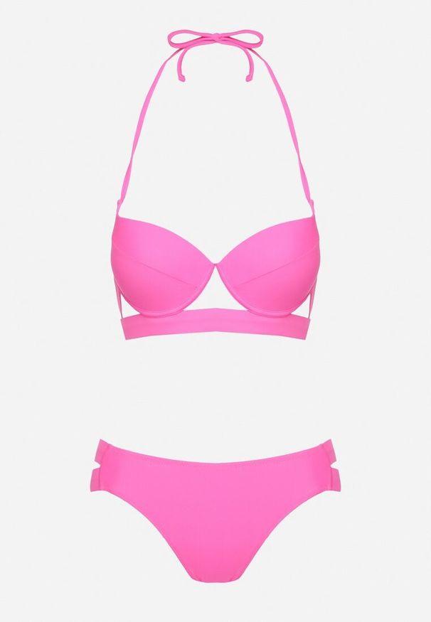 Renee - Fuksjowe Bikini Majtki Figi z Wycięciami i Biustonosz z Ozdobnymi Paskami Kinalana. Kolor: różowy