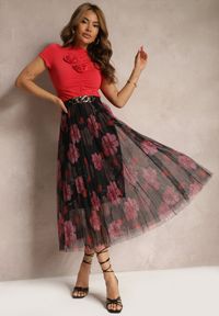 Renee - Czarno-Różowa Plisowana Spódnica High Waist z Kwiatowym Printem Frosa. Stan: podwyższony. Kolor: czarny. Materiał: tkanina. Wzór: nadruk, kwiaty #1