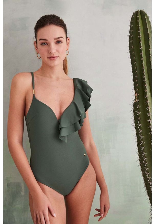 Women Secret - women'secret strój kąpielowy Perfect Fit kolor zielony usztywniona miseczka. Kolor: zielony. Materiał: materiał, włókno
